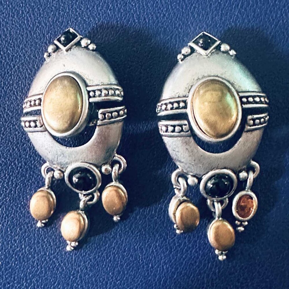 Vintage Art Nouveau Revival Pewter & Gold Black Dangle Clip-On Earrings